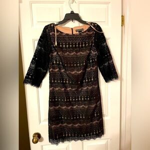 Jessica Howard Womans Black Lace Dress Sz 6 Tan Lining 3/4 Sheer Sleeves Cotton